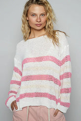 POL Striped Openwork Round Neck Knit Top IVORY PINK OutfitFlow